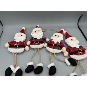 Lot of 4 Plush Santa Ornaments Plaid Fabric Dangly Legs Christmas Deco